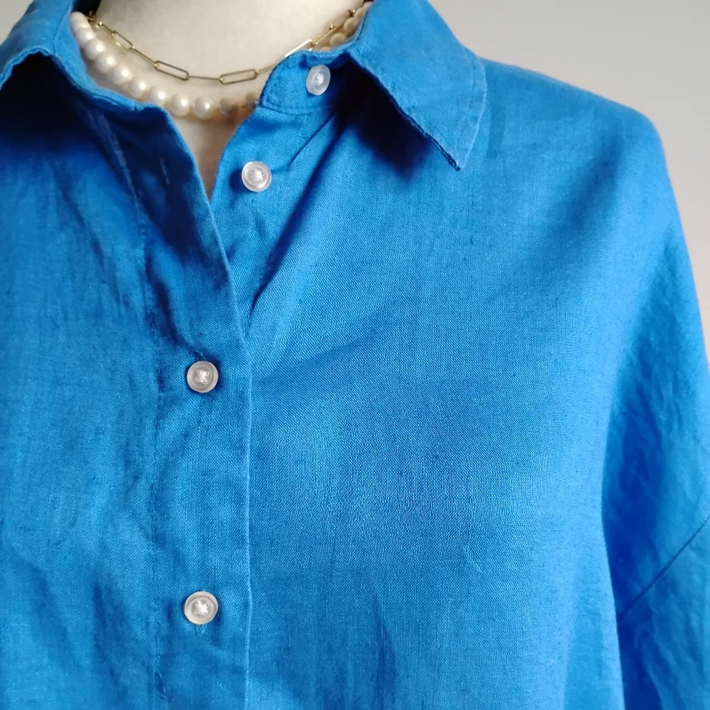 H&M Linen Oversized Swing Style Button Down Shirt Royal Blue Minimalist Size Med - Picture 5 of 14